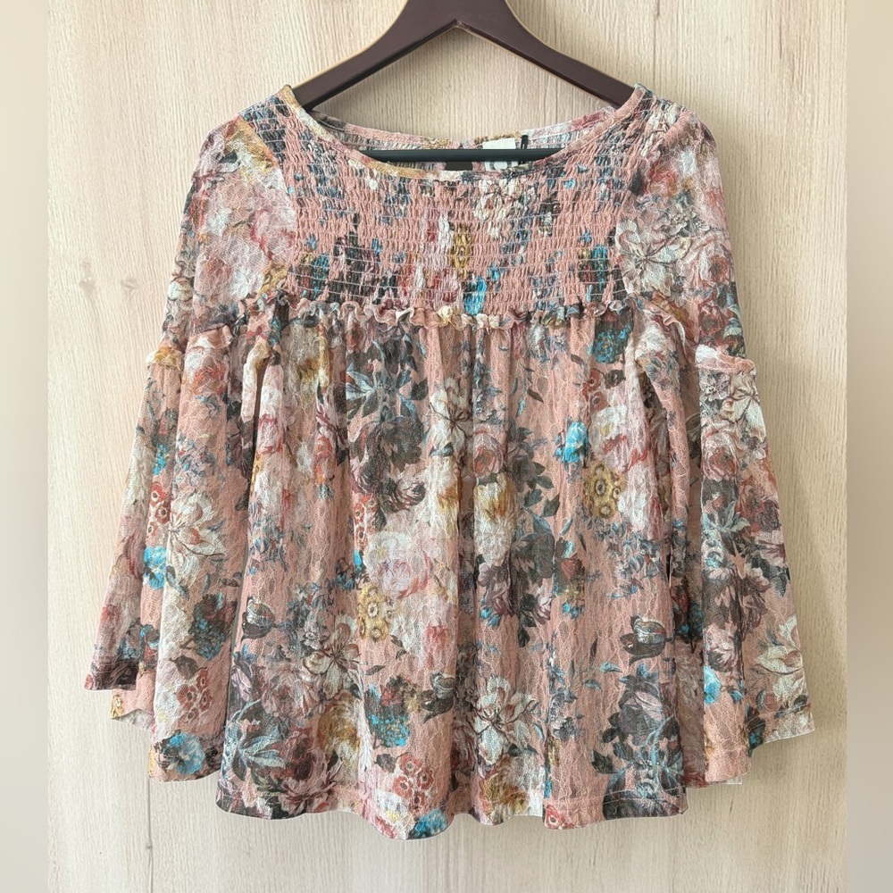 Boho Smocked Floral Peasant Blouse in Dusty Rose